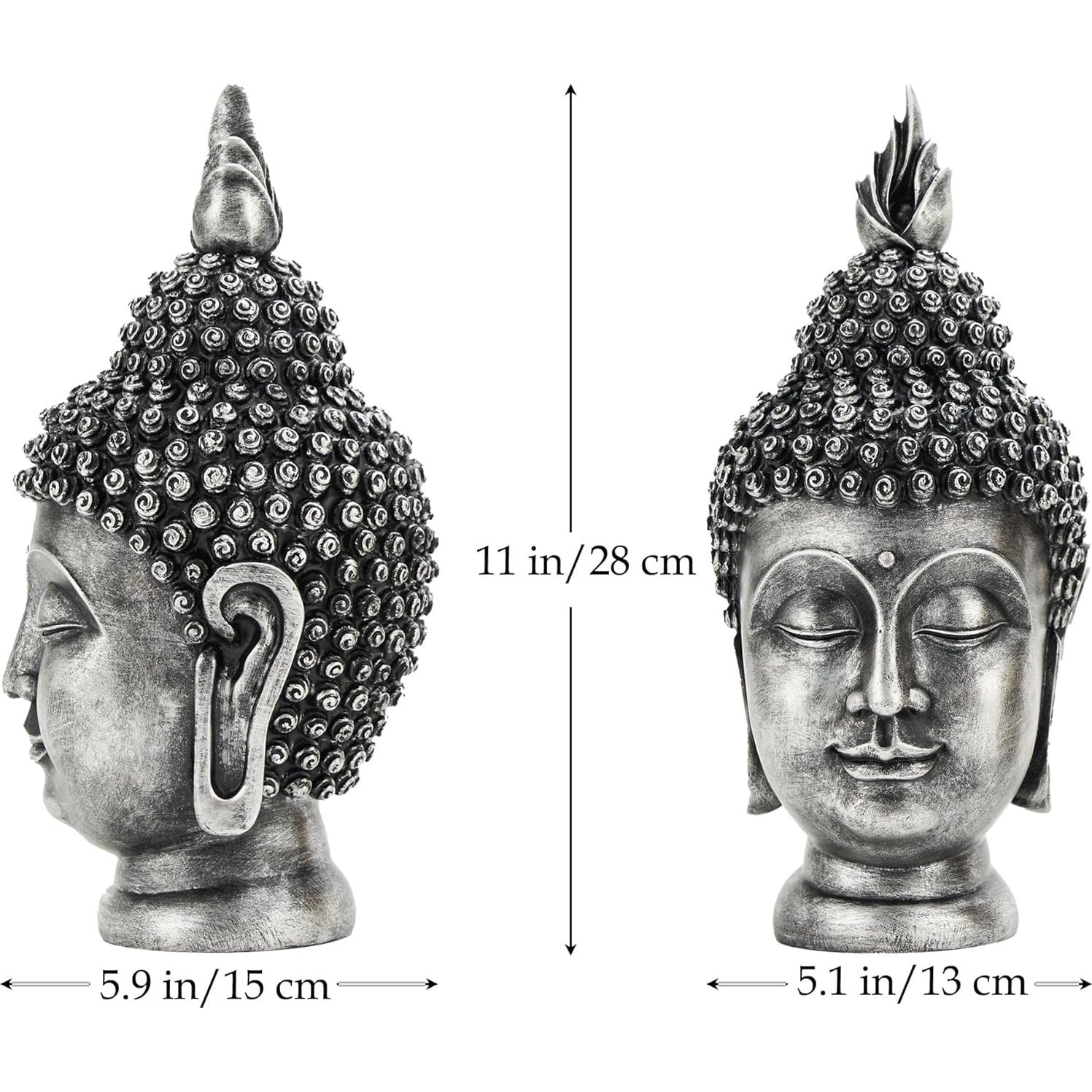 Estatua de Cabeza de Buda AMOIENSIS Plateada Antigua 28 cm