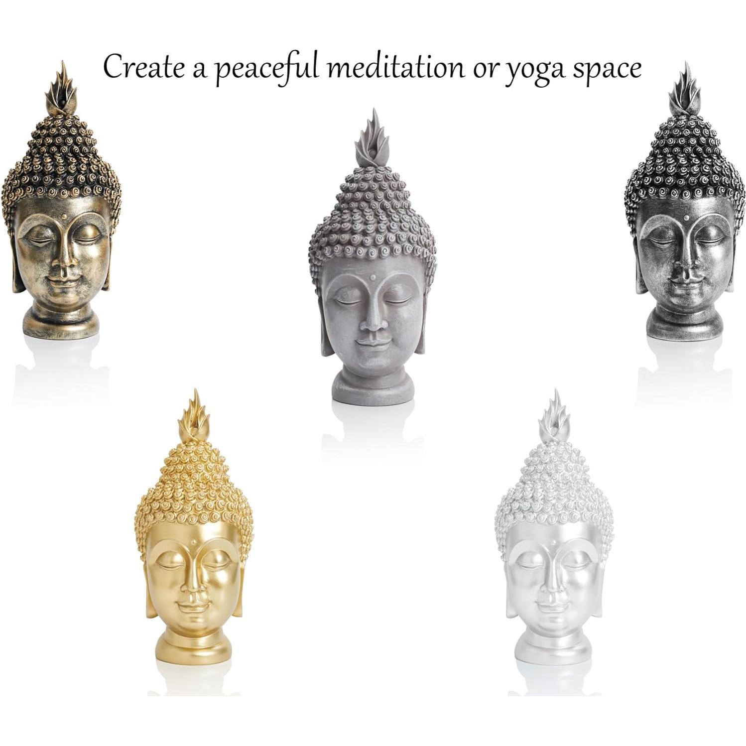 Estatua de Cabeza de Buda AMOIENSIS Plateada Antigua 28 cm