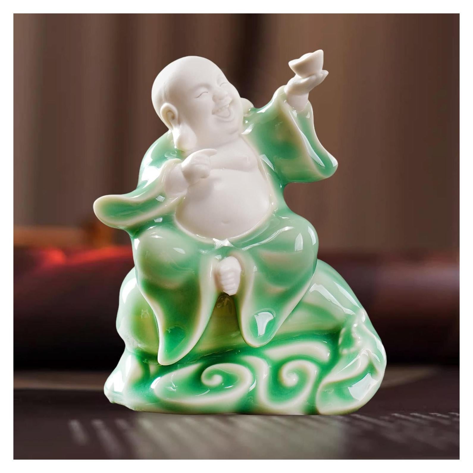 Estatua de Buda Risueño de Cerámica Verde 11.3 cm para Buena Suerte