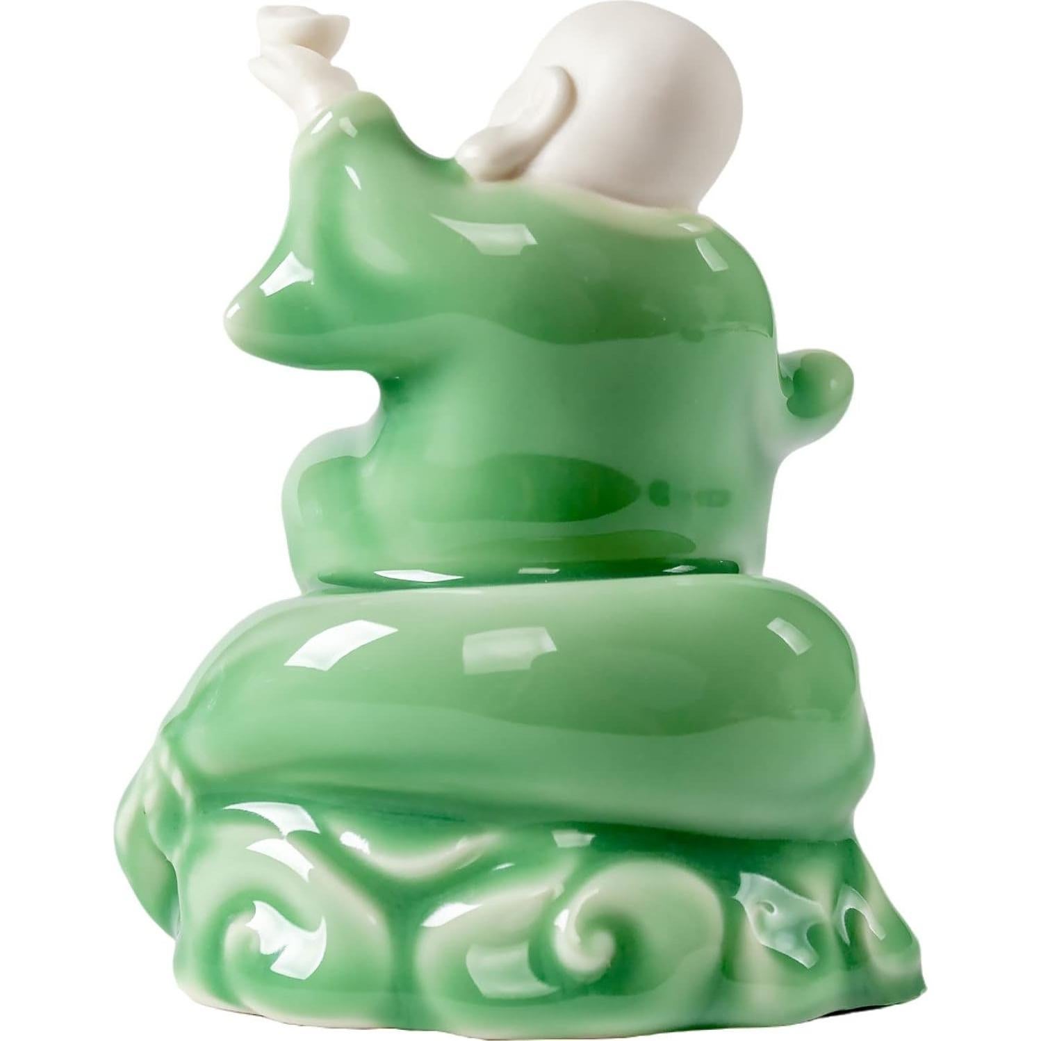 Estatua de Buda Risueño de Cerámica Verde 11.3 cm para Buena Suerte