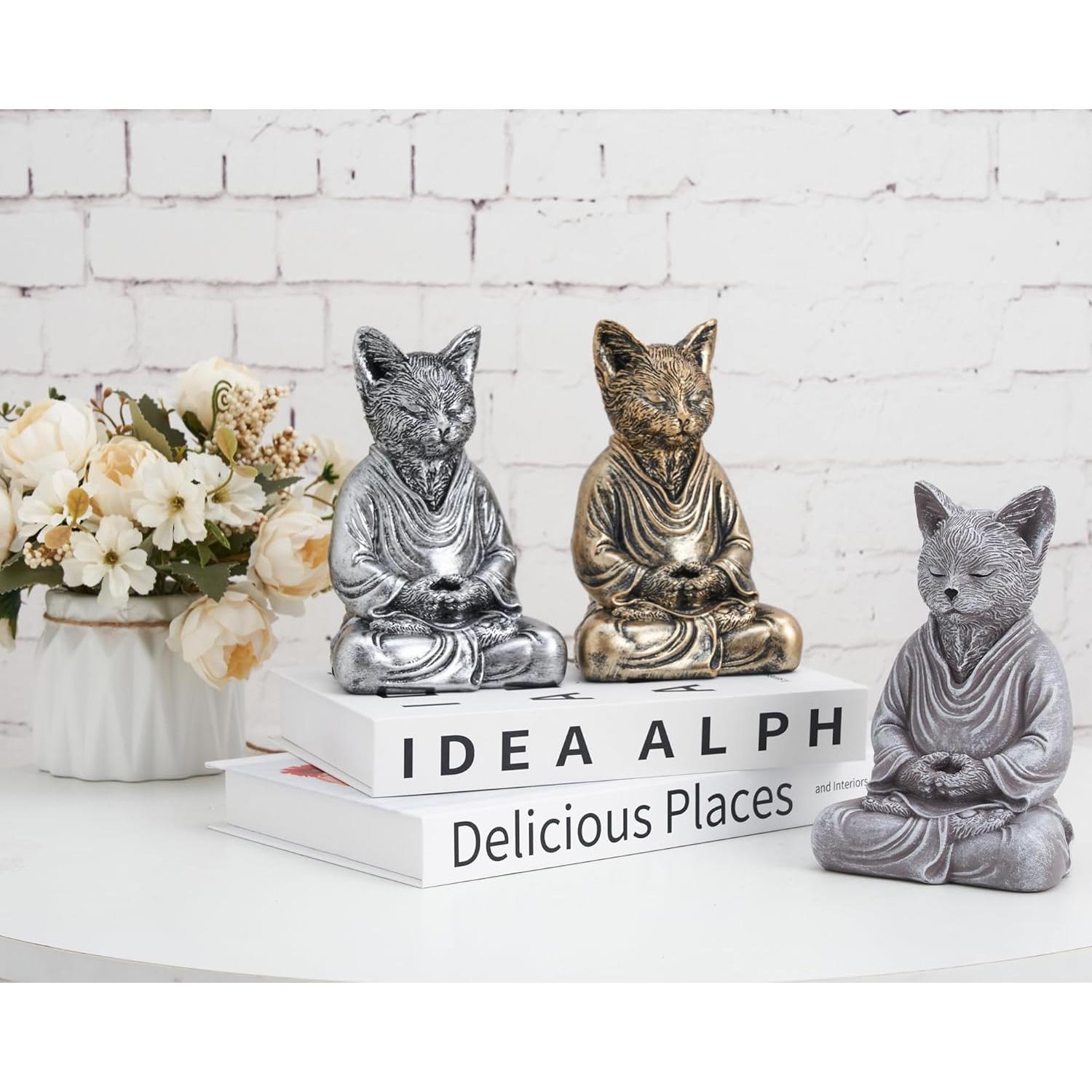 Estatua de Buda Gato Zen Plateada 17.78 cm para Meditación