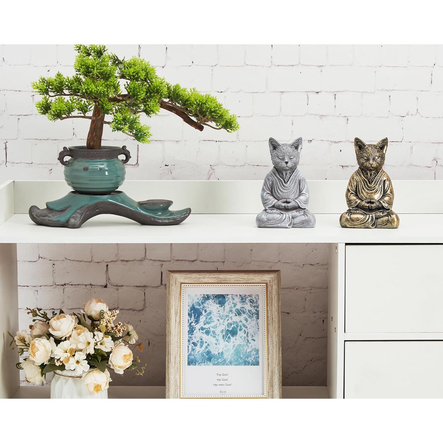 Estatua de Buda Gato Zen Plateada 17.78 cm para Meditación