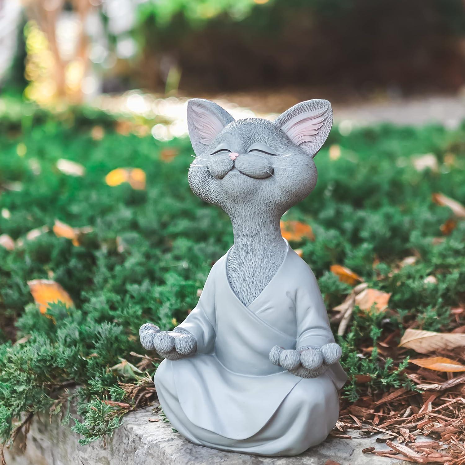 Estatua de Jardín Buda Gato Gris Meditando 30.48 cm - Resina
