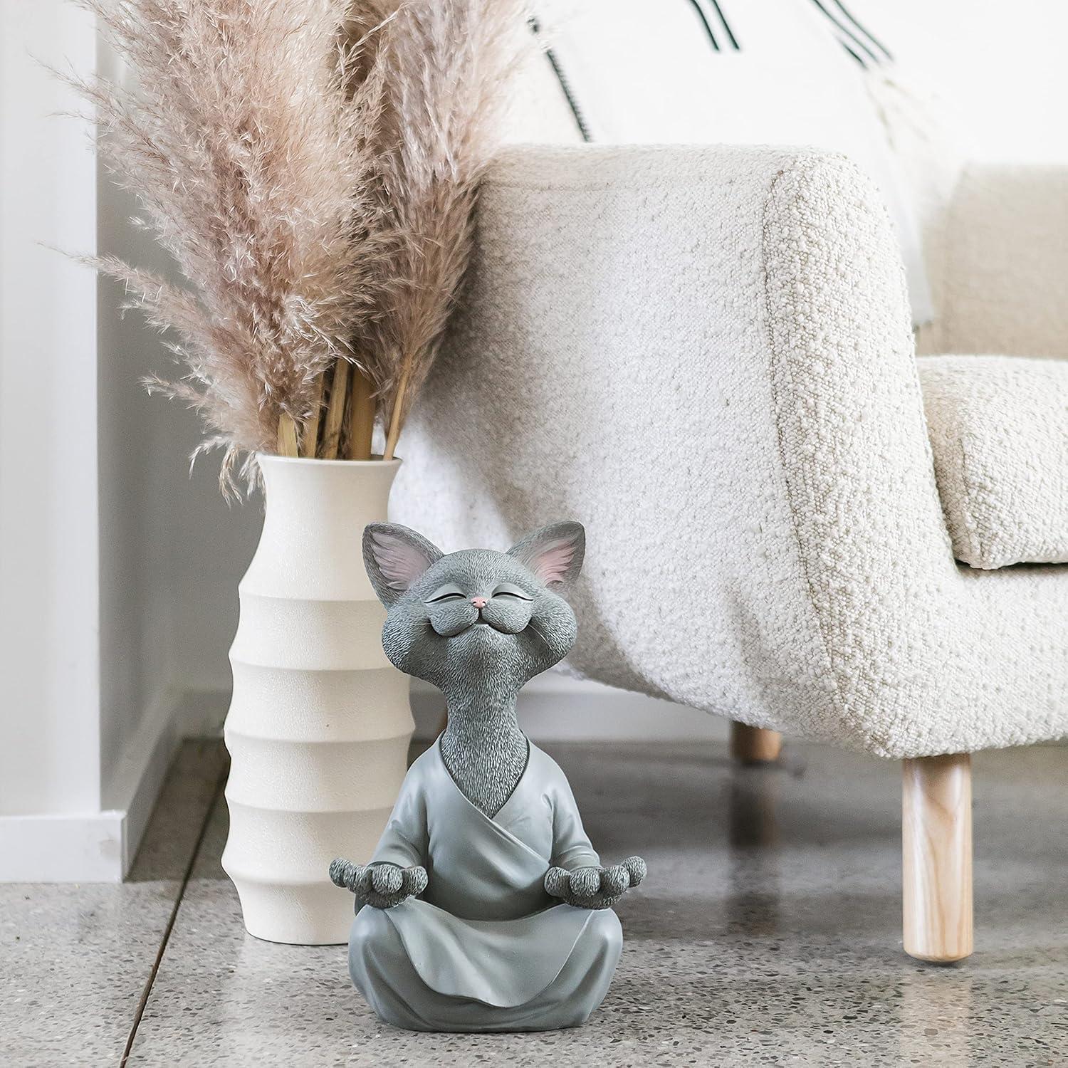 Estatua de Jardín Buda Gato Gris Meditando 30.48 cm - Resina