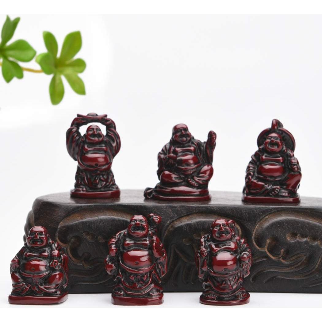 Juego de 6 Estatuas de Buda Risueño de Resina Roja BRABUD
