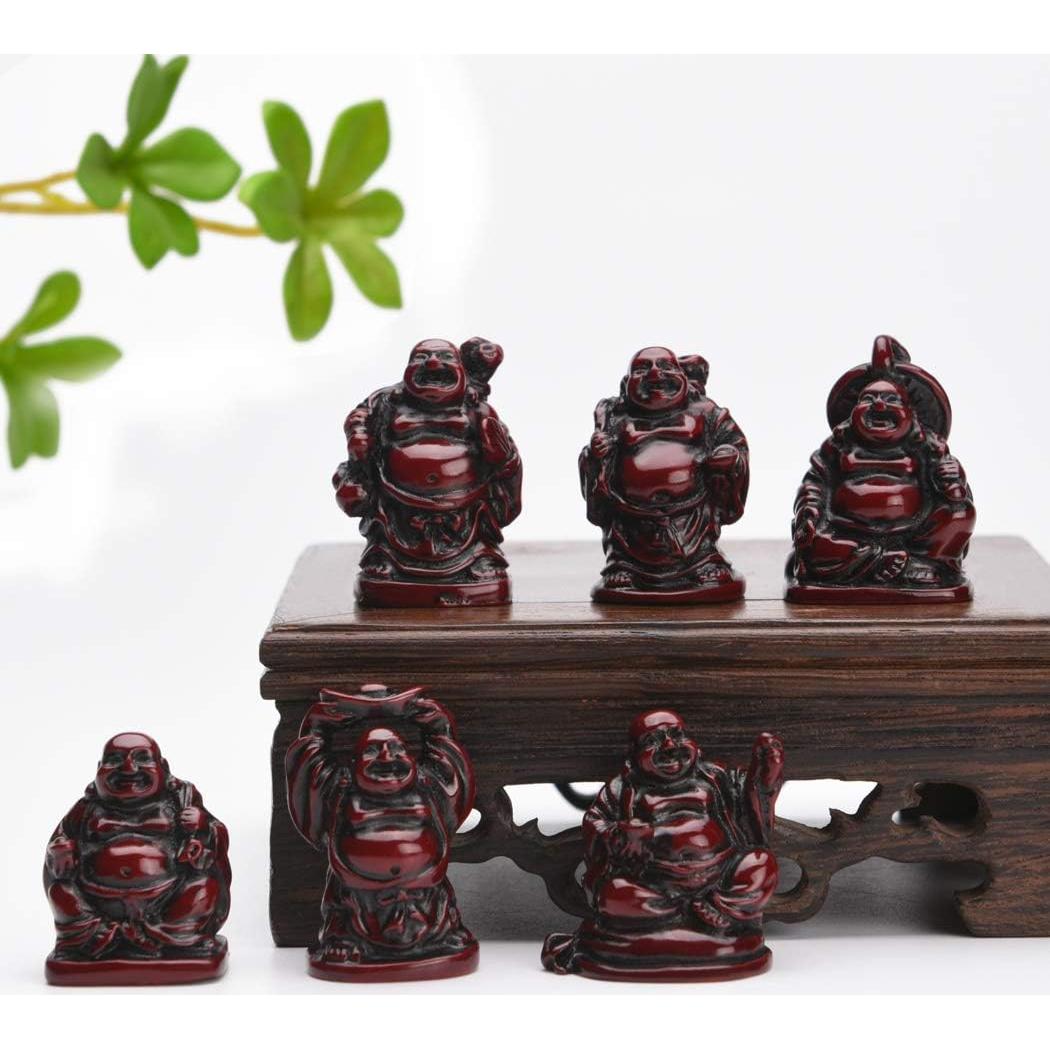 Juego de 6 Estatuas de Buda Risueño de Resina Roja BRABUD