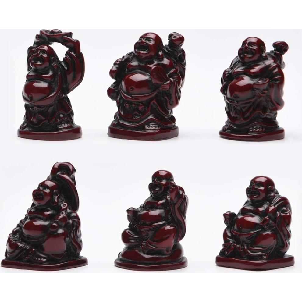 Juego de 6 Estatuas de Buda Risueño de Resina Roja BRABUD