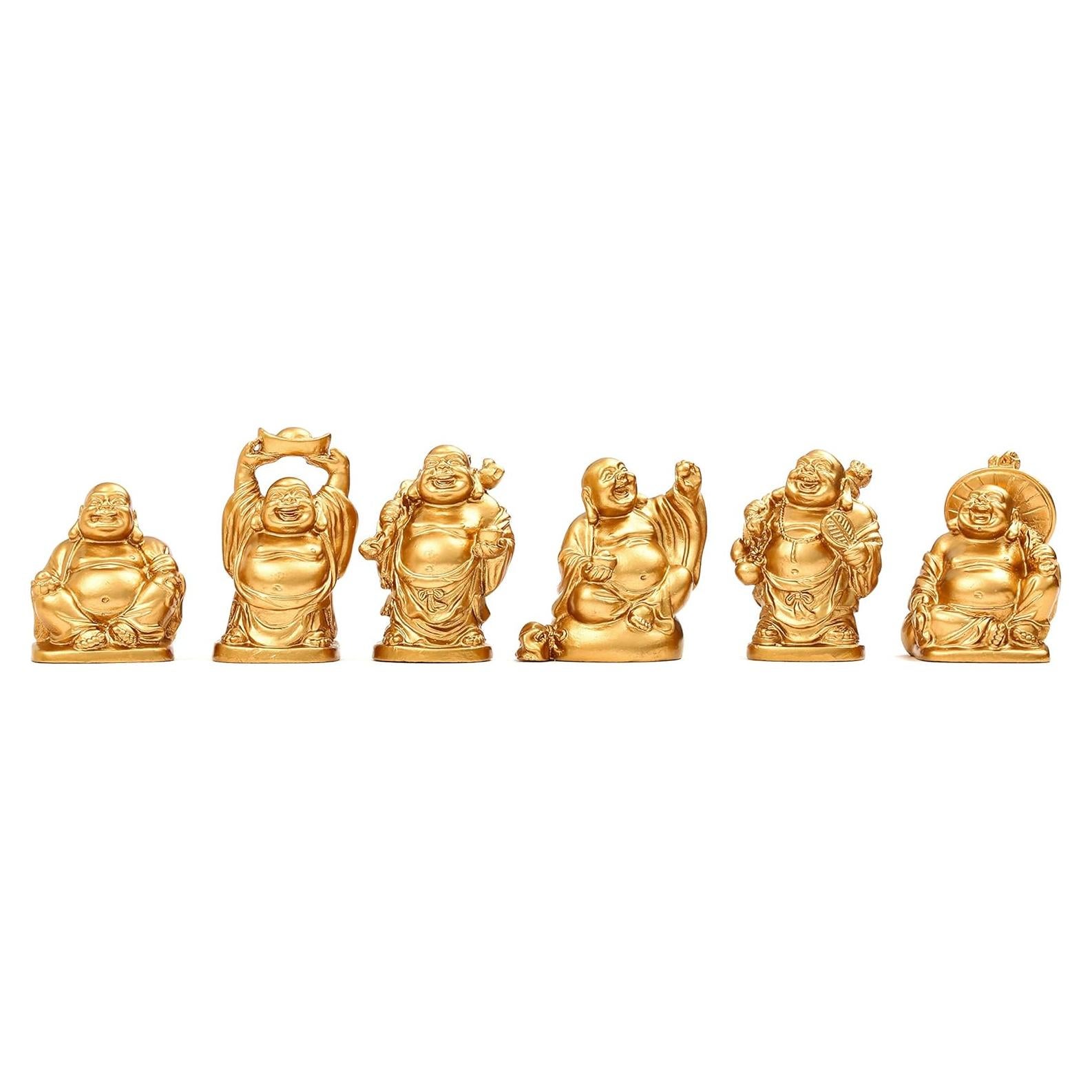 Conjunto de 6 Estatuas de Buda Risueño de Resina Dorada 5cm