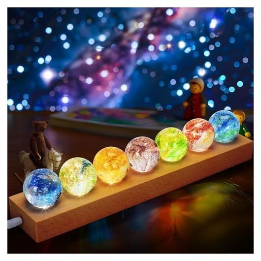 Conjunto 7 Esferas de Chakra con Base LED Madera 40mm