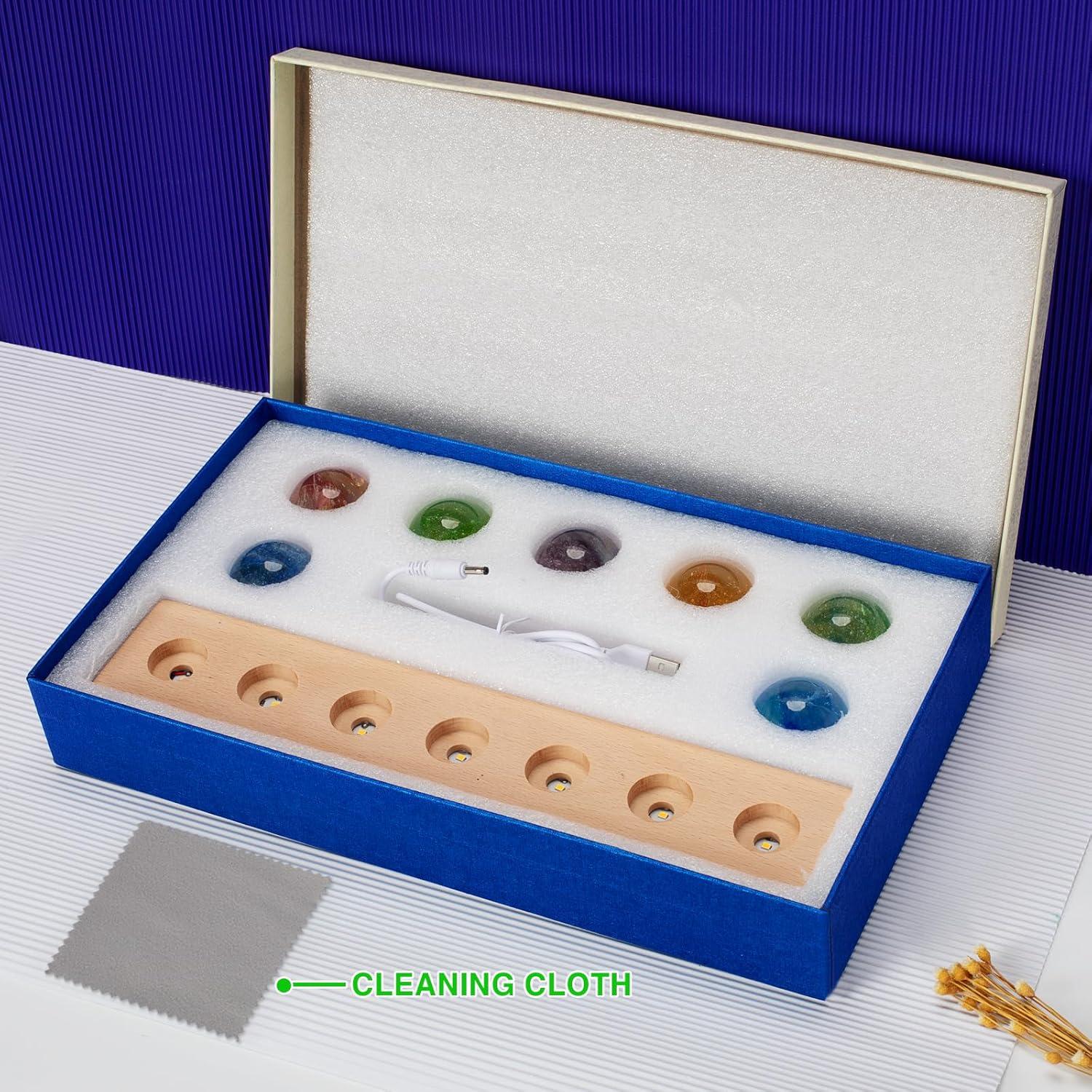 Conjunto 7 Esferas de Chakra con Base LED Madera 40mm