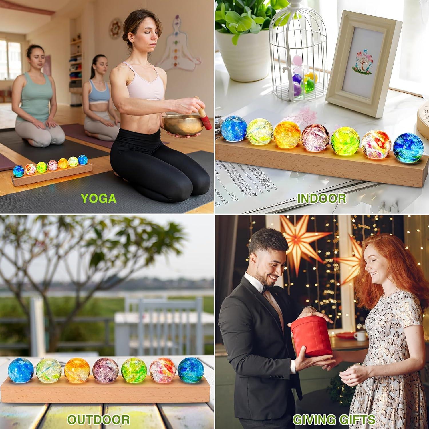 Conjunto 7 Esferas de Chakra con Base LED Madera 40mm