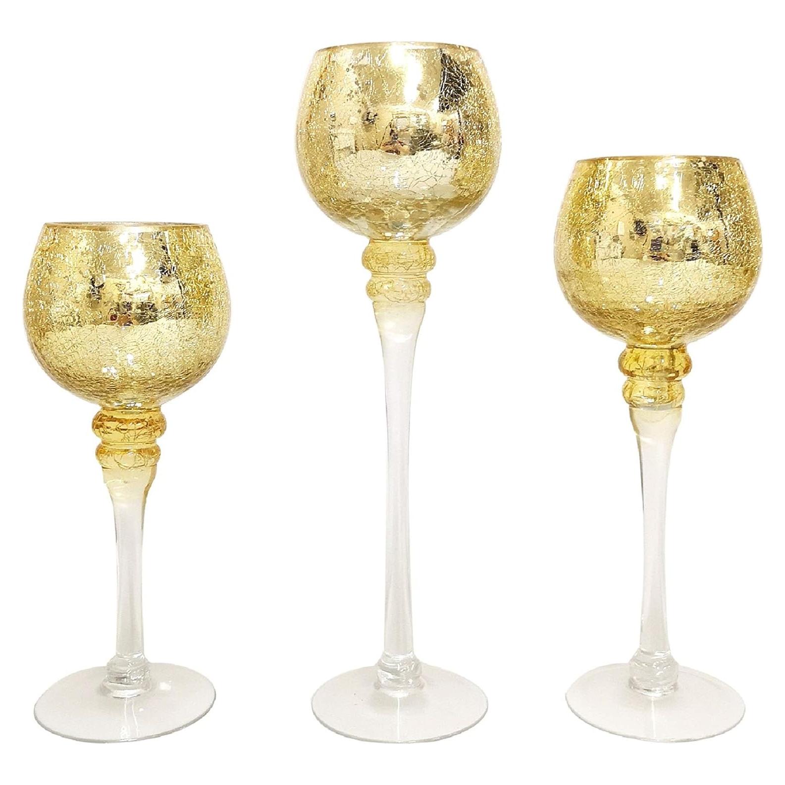 Conjunto 3 Soportes de Vela Vidrio Dorado Hosley 9-12 cm