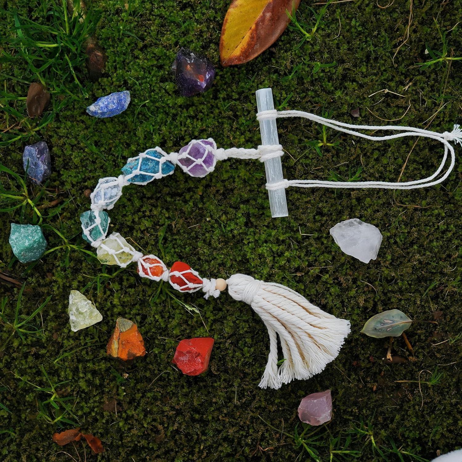 Decoración de Pared Chakra Colgante Selenita 7 Piedras Naturales