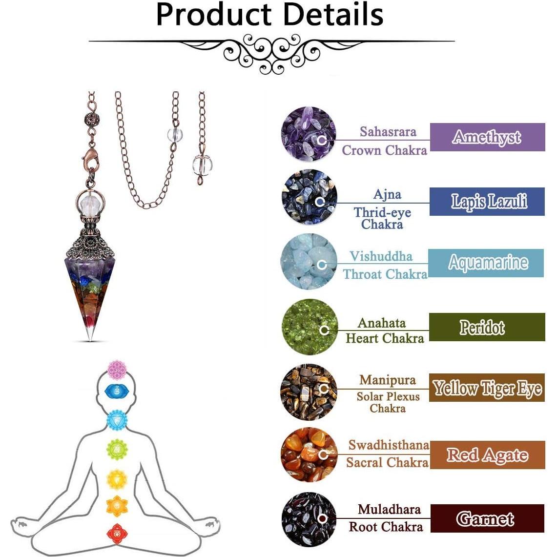 Péndulo de Cristal Sanador JOVIVI 7 Chakras con Cadena