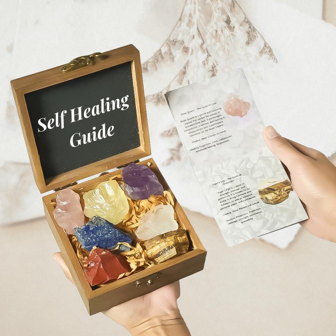 Juego de Cristales de 7 Chakras EHG en Caja de Madera 12cm