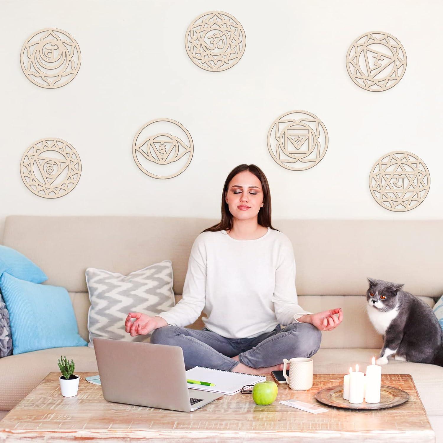 Paquete de 7 Artes de Pared Geométricas Sagradas de Madera 15x15cm