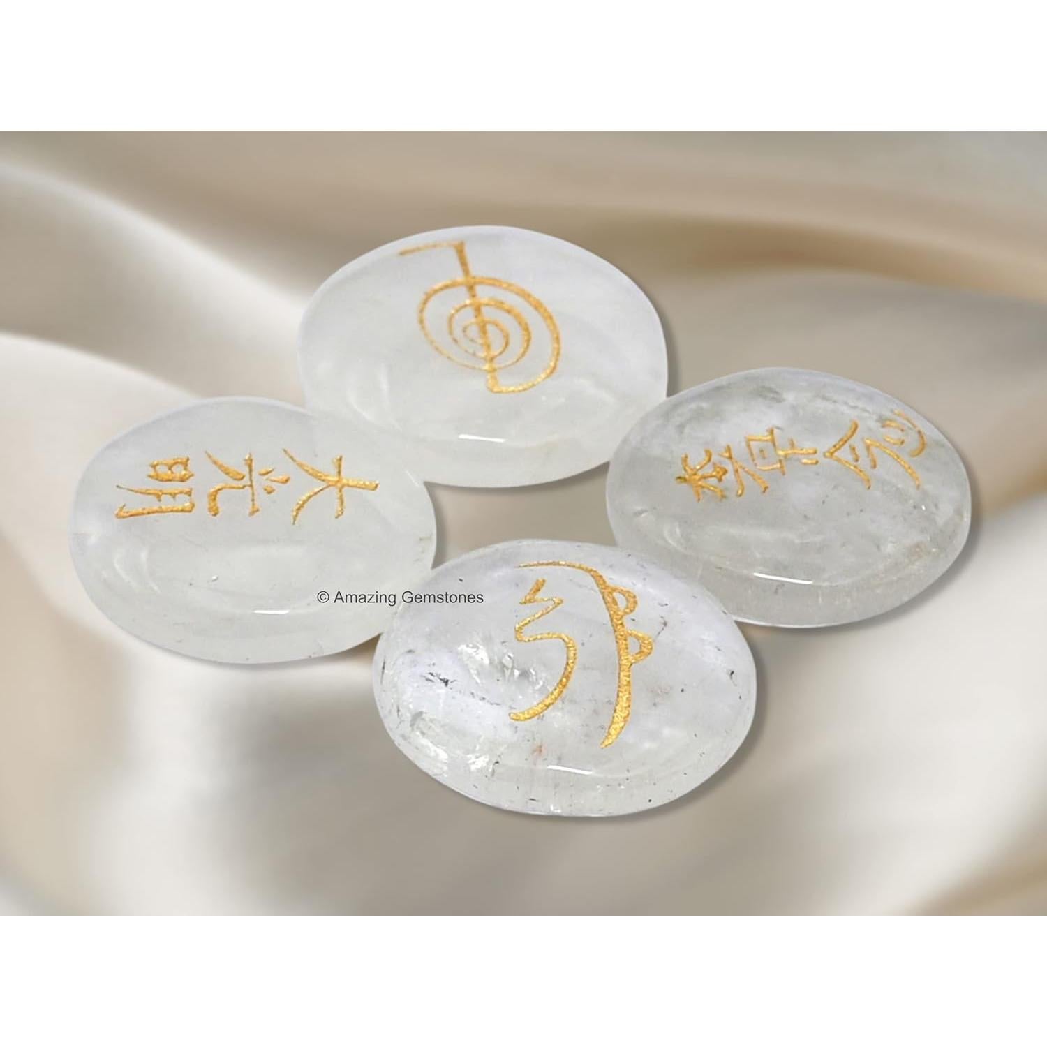Set de 4 Piedras de Cuarzo Claro Reiki con Símbolos Usui