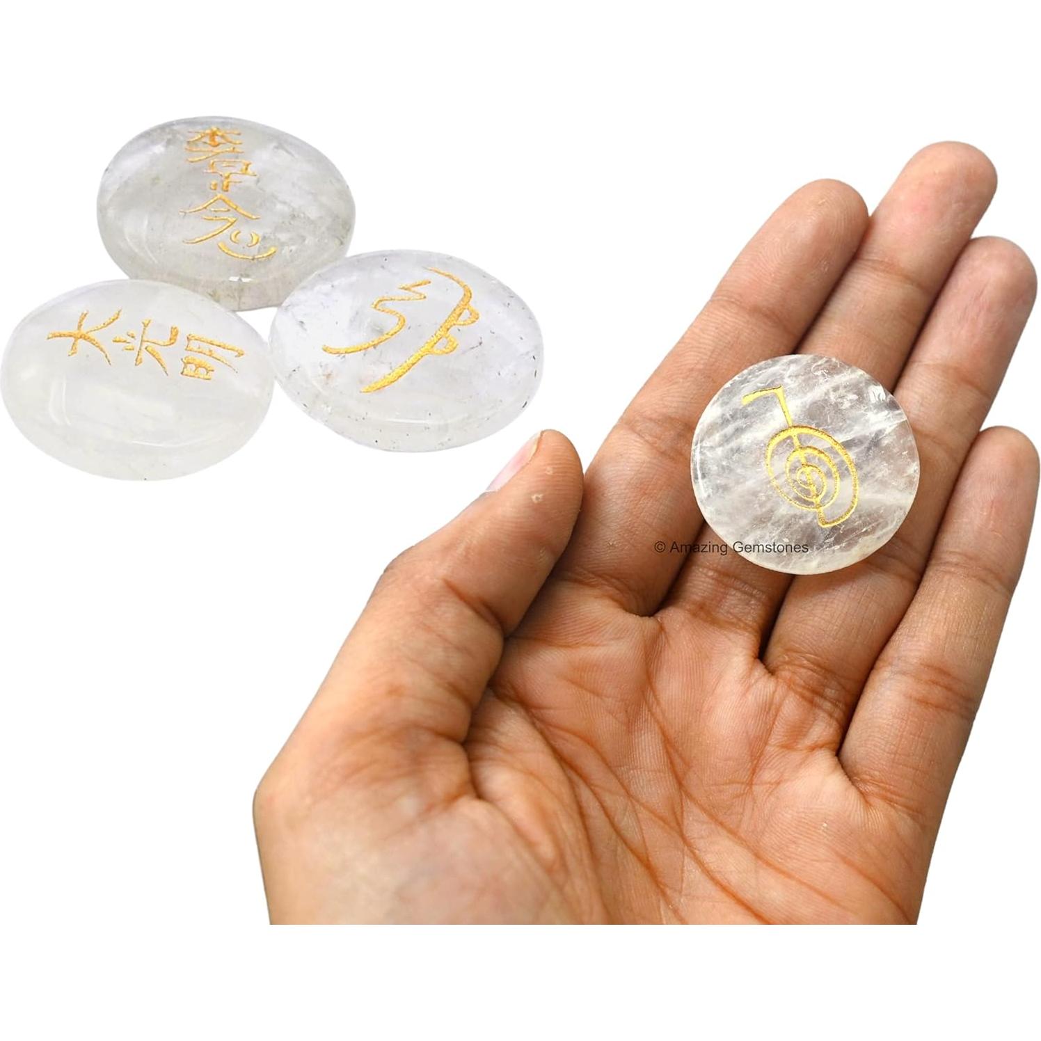 Set de 4 Piedras de Cuarzo Claro Reiki con Símbolos Usui