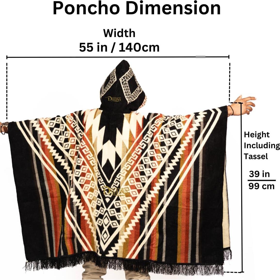 Poncho de lana de alpaca con capucha y patrón azteca - Hecho a mano en Ecuador