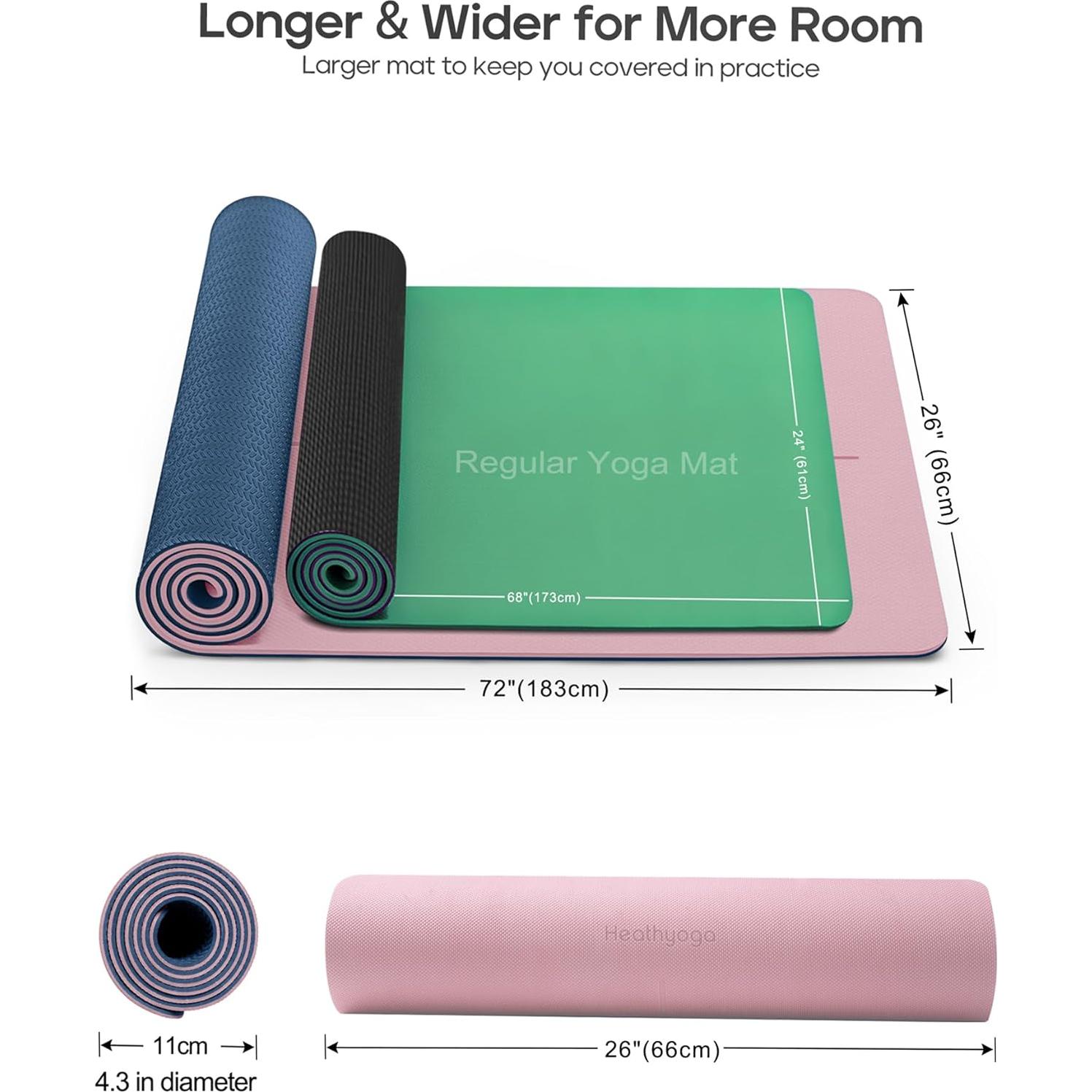 Heathyoga Eco Friendly Non Slip Yoga Mat, Body Alignment System, SGS Certified TPE Material - Textured Non Slip Surface and Optimal Cushioning,72"x 26" Thickness 1/4"