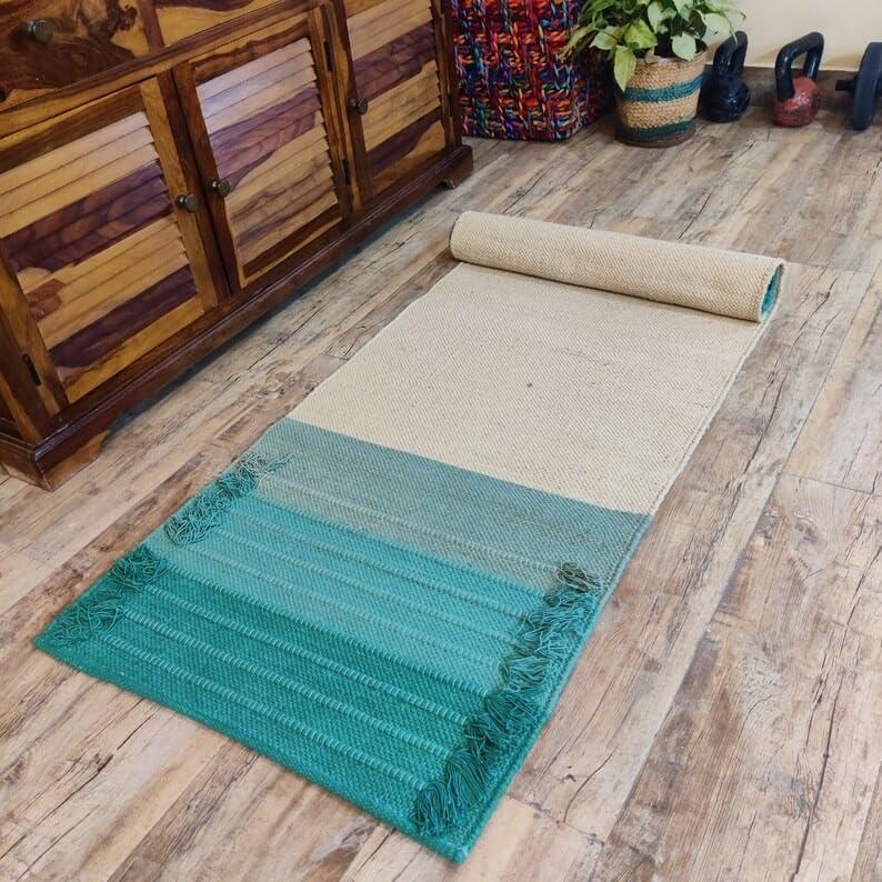 Alfombra de Yoga Ecológica Jaipur art & Rugs 183x61cm Verde-Blanco