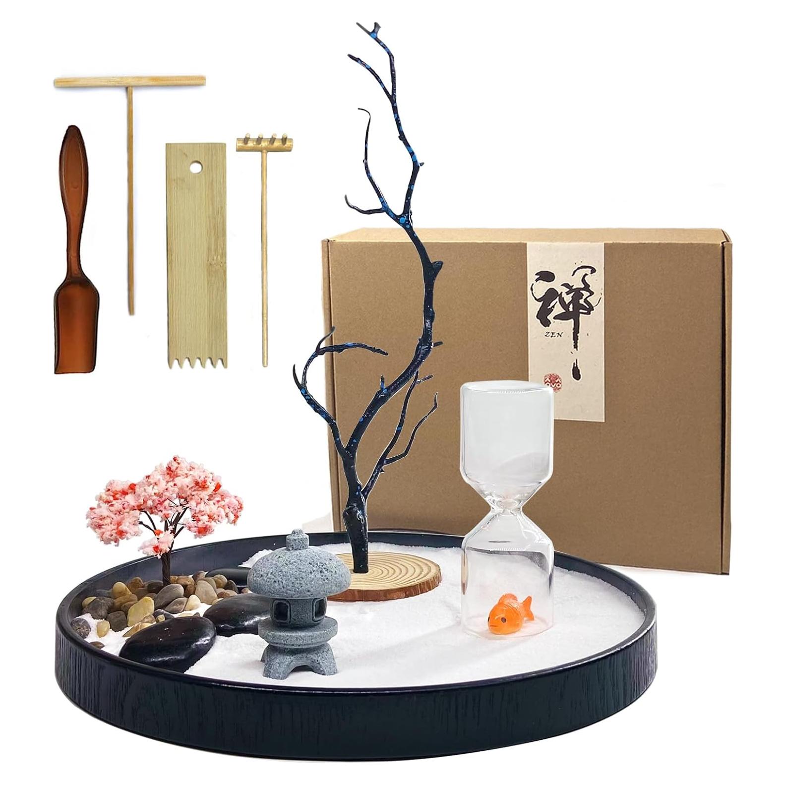 Jardín Zen de Escritorio AOVOA con Reloj de Arena Recargable