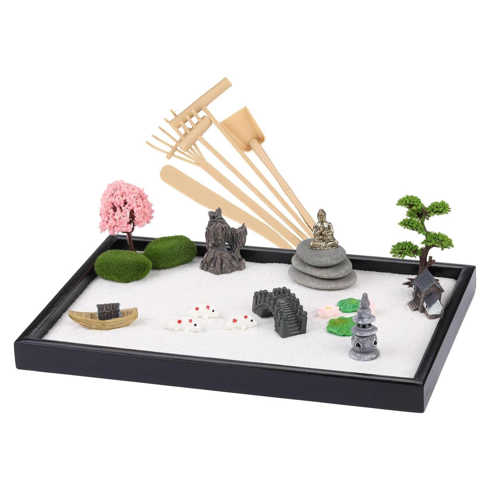Zen Garden Kit for Desk, Mini Sand Tray Therapy Kit, Japanese Zen Garden Decor for Office Desktop, Zen Meditation Buddha Gifts for Women Men