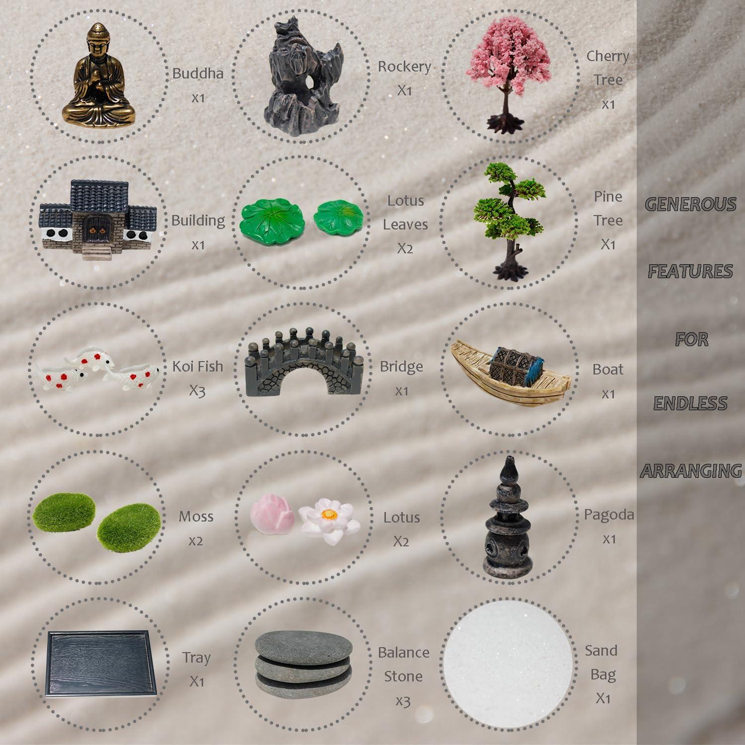 Zen Garden Kit for Desk, Mini Sand Tray Therapy Kit, Japanese Zen Garden Decor for Office Desktop, Zen Meditation Buddha Gifts for Women Men