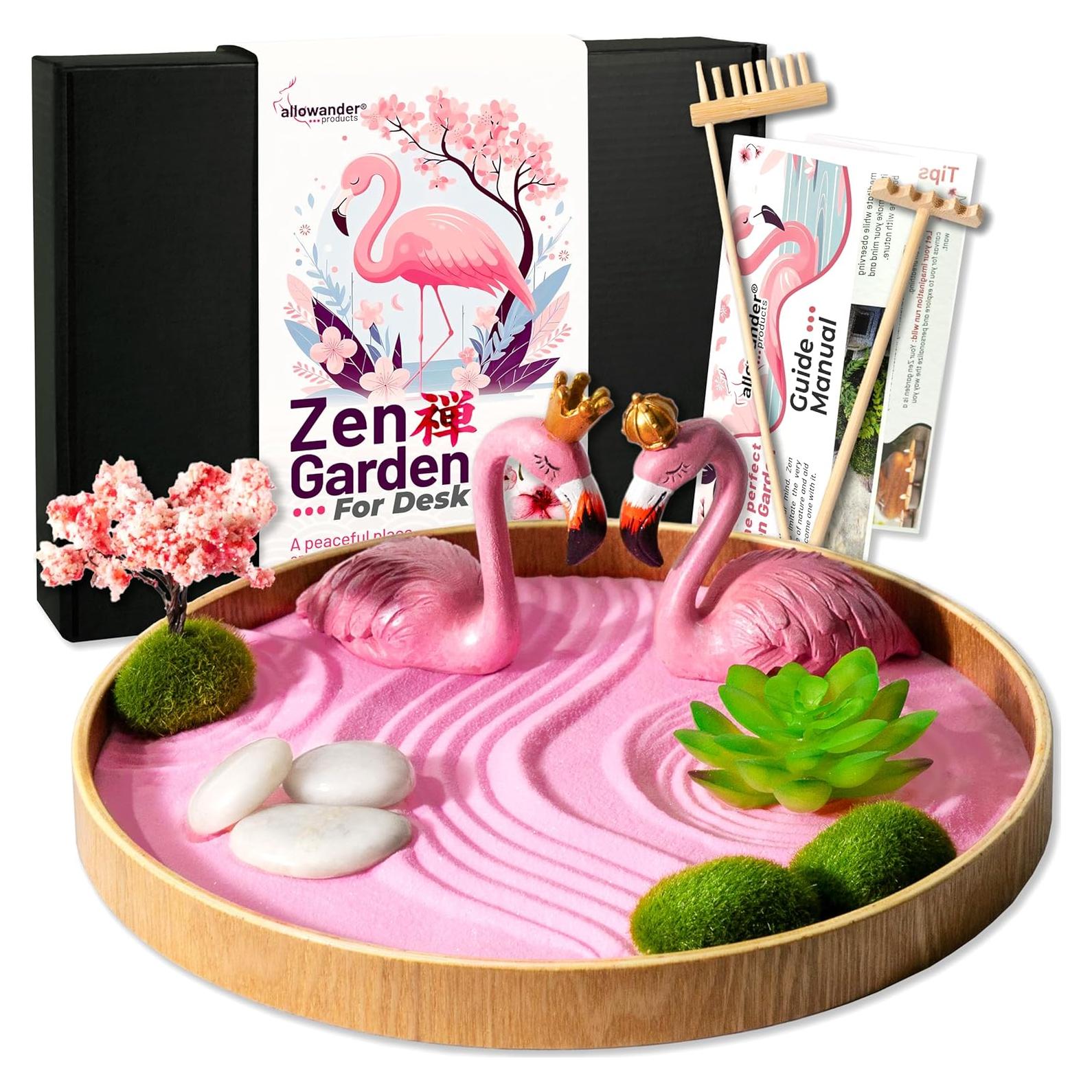 Jardín Zen para Escritorio Allowander con Arena Rosa y Flamencos