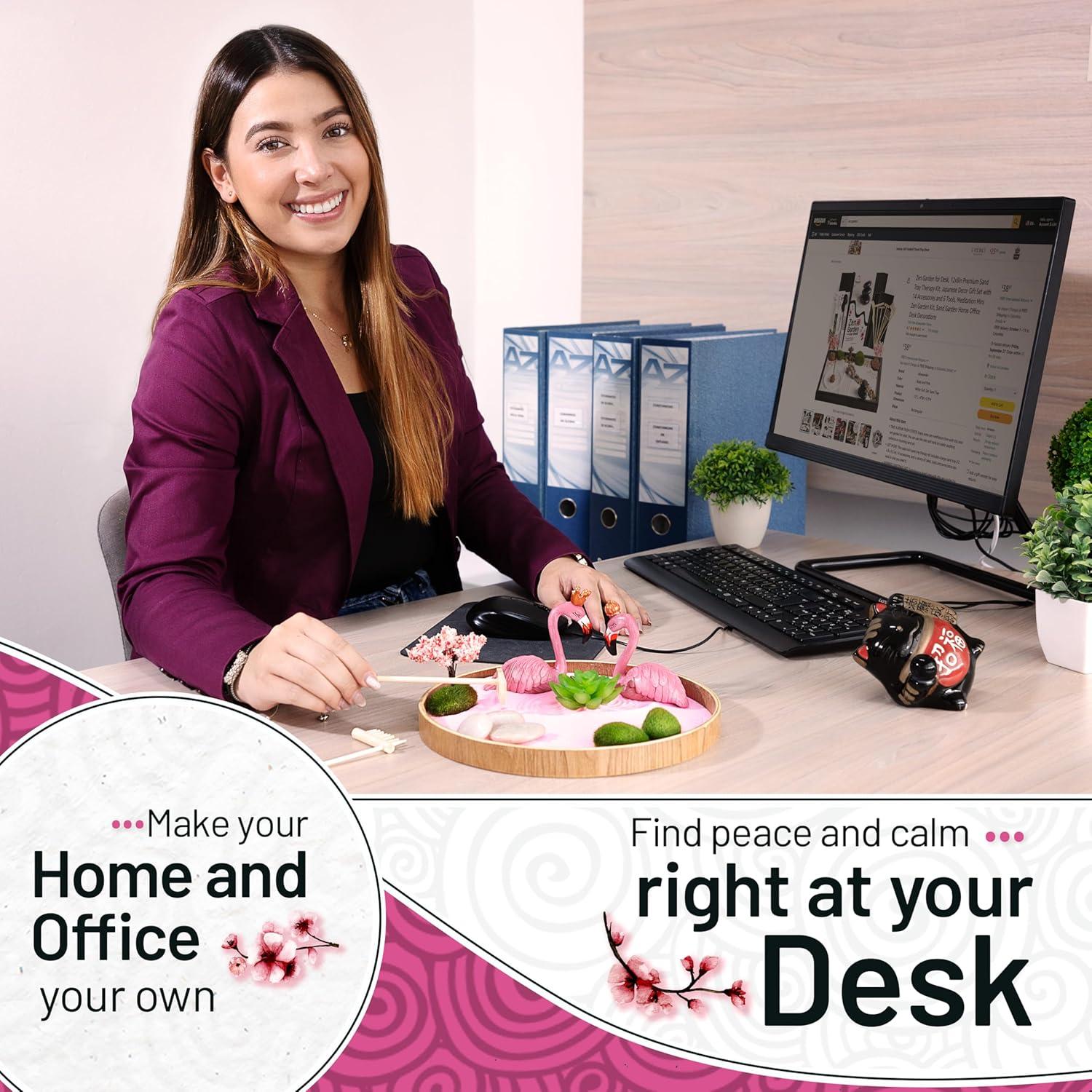 Jardín Zen para Escritorio Allowander con Arena Rosa y Flamencos