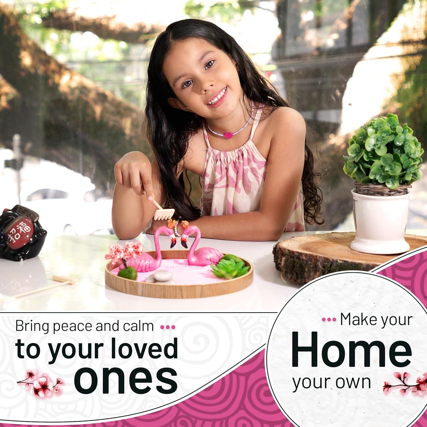 Jardín Zen para Escritorio Allowander con Arena Rosa y Flamencos