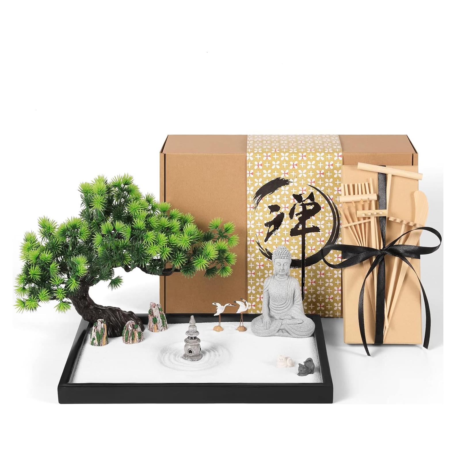 Artcome Japanese Zen Sand Garden for Desk with Rake, White Sand, Black Base, Sitting Meditation Buddha and Mini Furnishing Articles, Office Table Accessories, Mini Zen Garden Kit, Meditation Gift