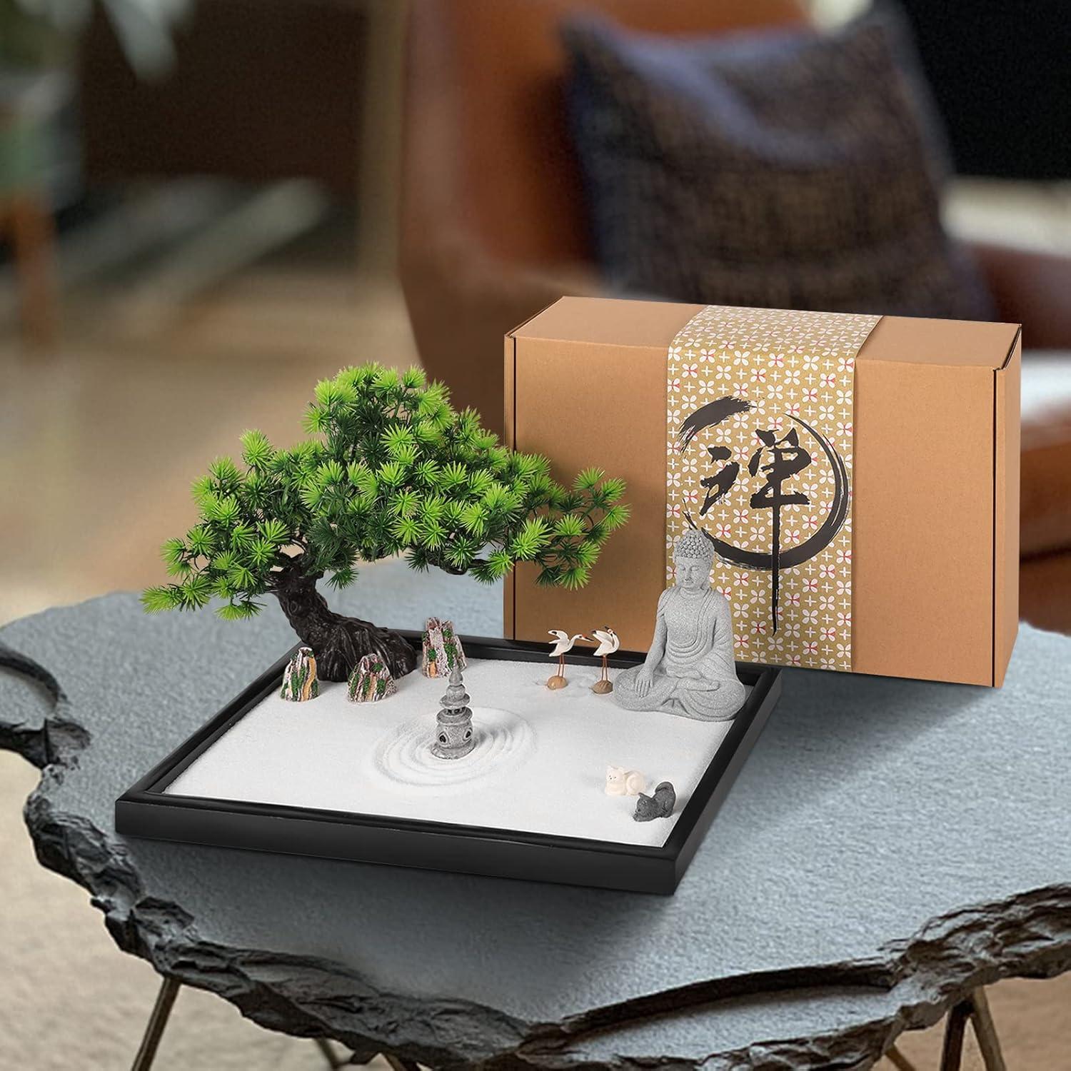 Artcome Japanese Zen Sand Garden for Desk with Rake, White Sand, Black Base, Sitting Meditation Buddha and Mini Furnishing Articles, Office Table Accessories, Mini Zen Garden Kit, Meditation Gift