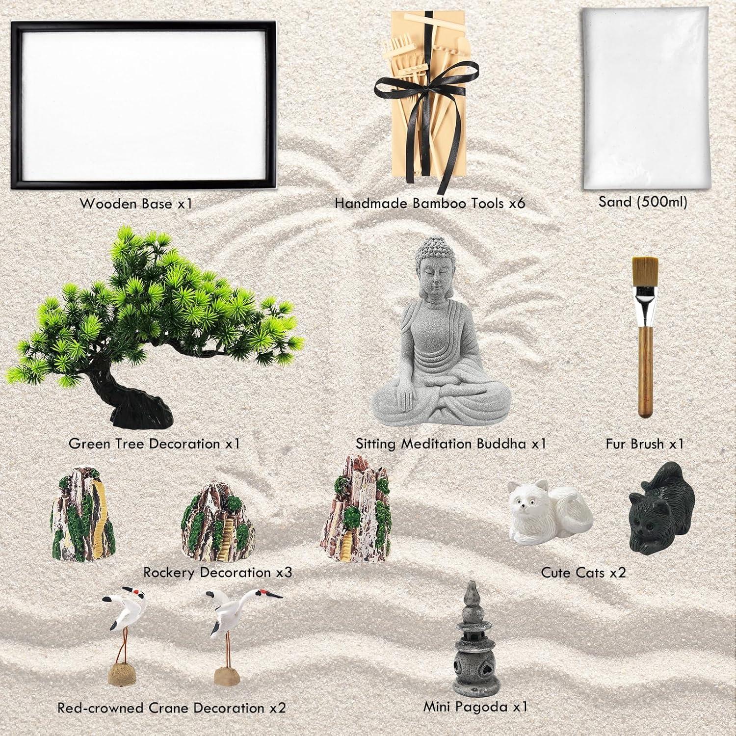 Artcome Japanese Zen Sand Garden for Desk with Rake, White Sand, Black Base, Sitting Meditation Buddha and Mini Furnishing Articles, Office Table Accessories, Mini Zen Garden Kit, Meditation Gift