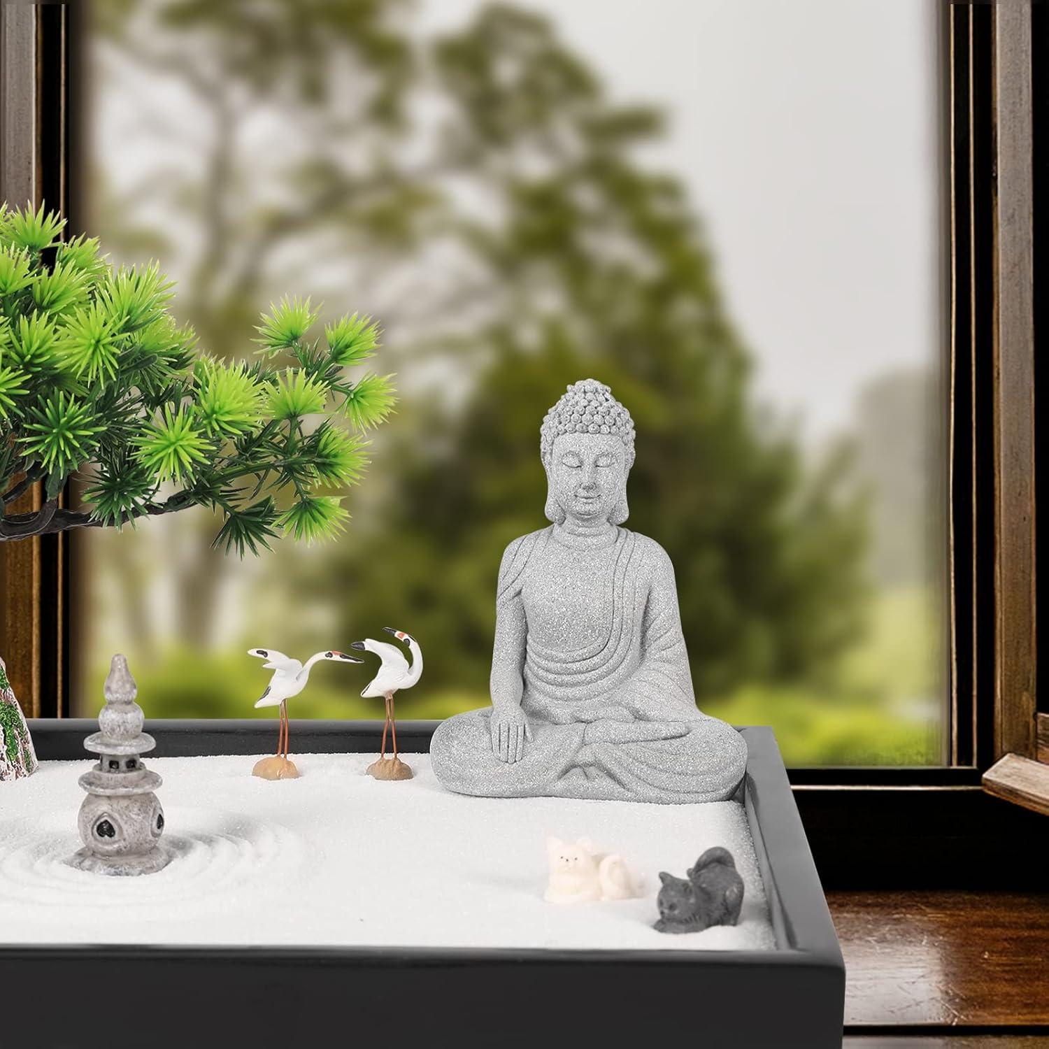 Artcome Japanese Zen Sand Garden for Desk with Rake, White Sand, Black Base, Sitting Meditation Buddha and Mini Furnishing Articles, Office Table Accessories, Mini Zen Garden Kit, Meditation Gift