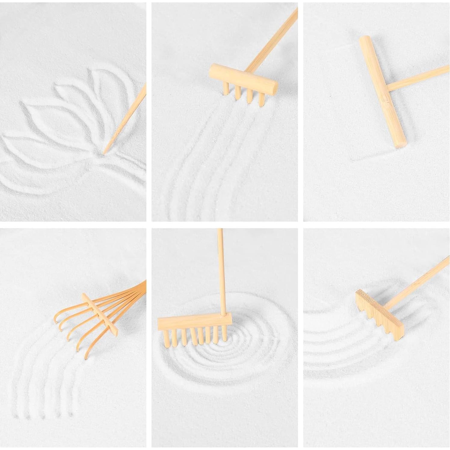 Artcome Japanese Zen Sand Garden for Desk with Rake, White Sand, Black Base, Sitting Meditation Buddha and Mini Furnishing Articles, Office Table Accessories, Mini Zen Garden Kit, Meditation Gift