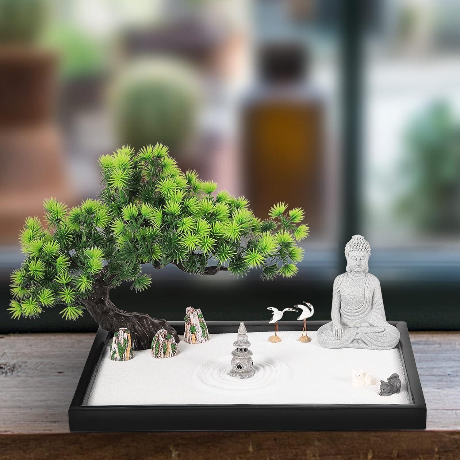 Artcome Japanese Zen Sand Garden for Desk with Rake, White Sand, Black Base, Sitting Meditation Buddha and Mini Furnishing Articles, Office Table Accessories, Mini Zen Garden Kit, Meditation Gift