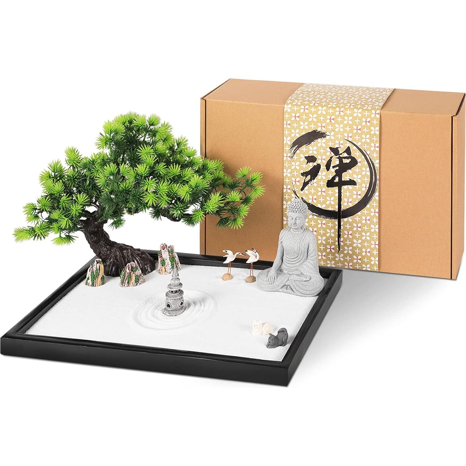 Artcome Japanese Zen Sand Garden for Desk with Rake, White Sand, Black Base, Sitting Meditation Buddha and Mini Furnishing Articles, Office Table Accessories, Mini Zen Garden Kit, Meditation Gift