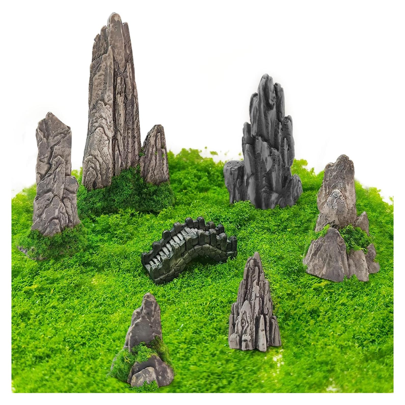 Conjunto de Accesorios de Jardín Miniatura OrgMemory - 6 Rocallas y Puente