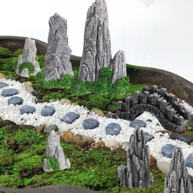 Conjunto de Accesorios de Jardín Miniatura OrgMemory - 6 Rocallas y Puente
