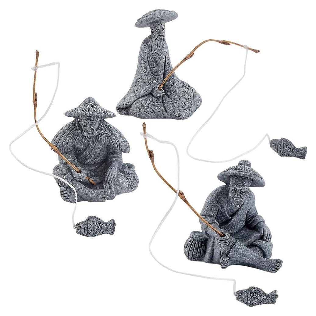 Estatuas Mini Pescador WEBEEDY - 3 Piezas Arenisca Decorativa