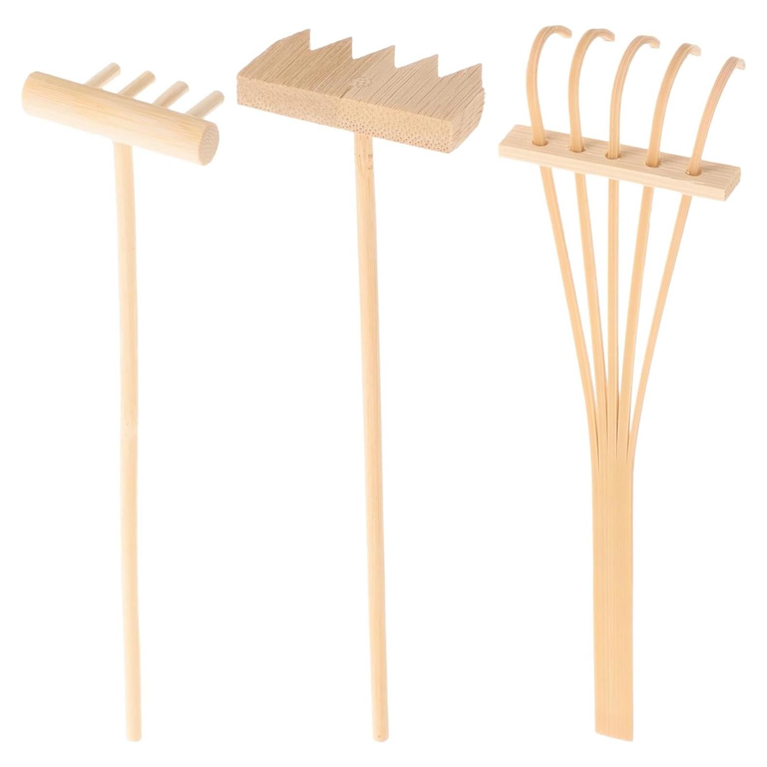 Juego de 3 Mini Rakes de Bambú para Jardín Zen - Beige 14x4x2 cm