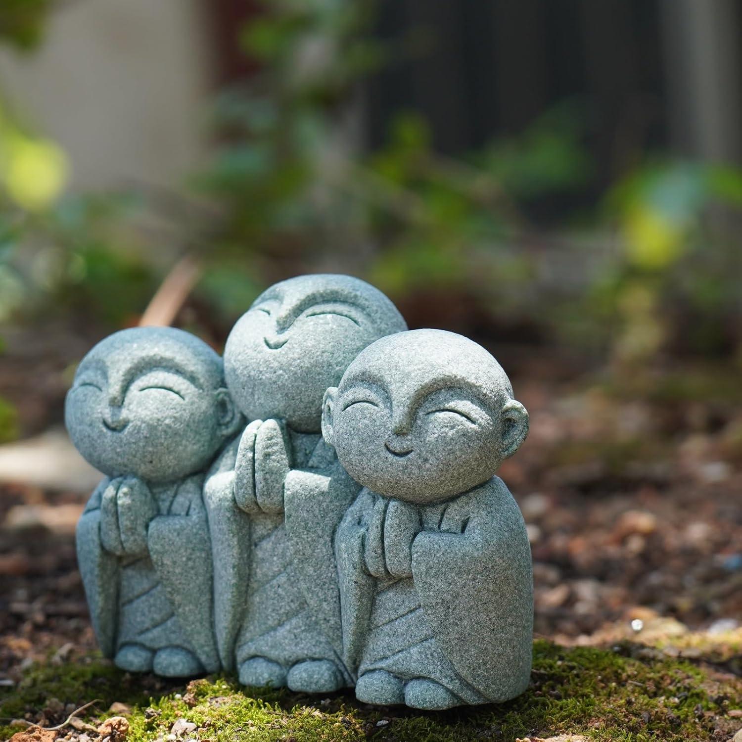 Estatua Jizo Japonesa OwMell 3 Monjes de Arenisca 7.62 cm