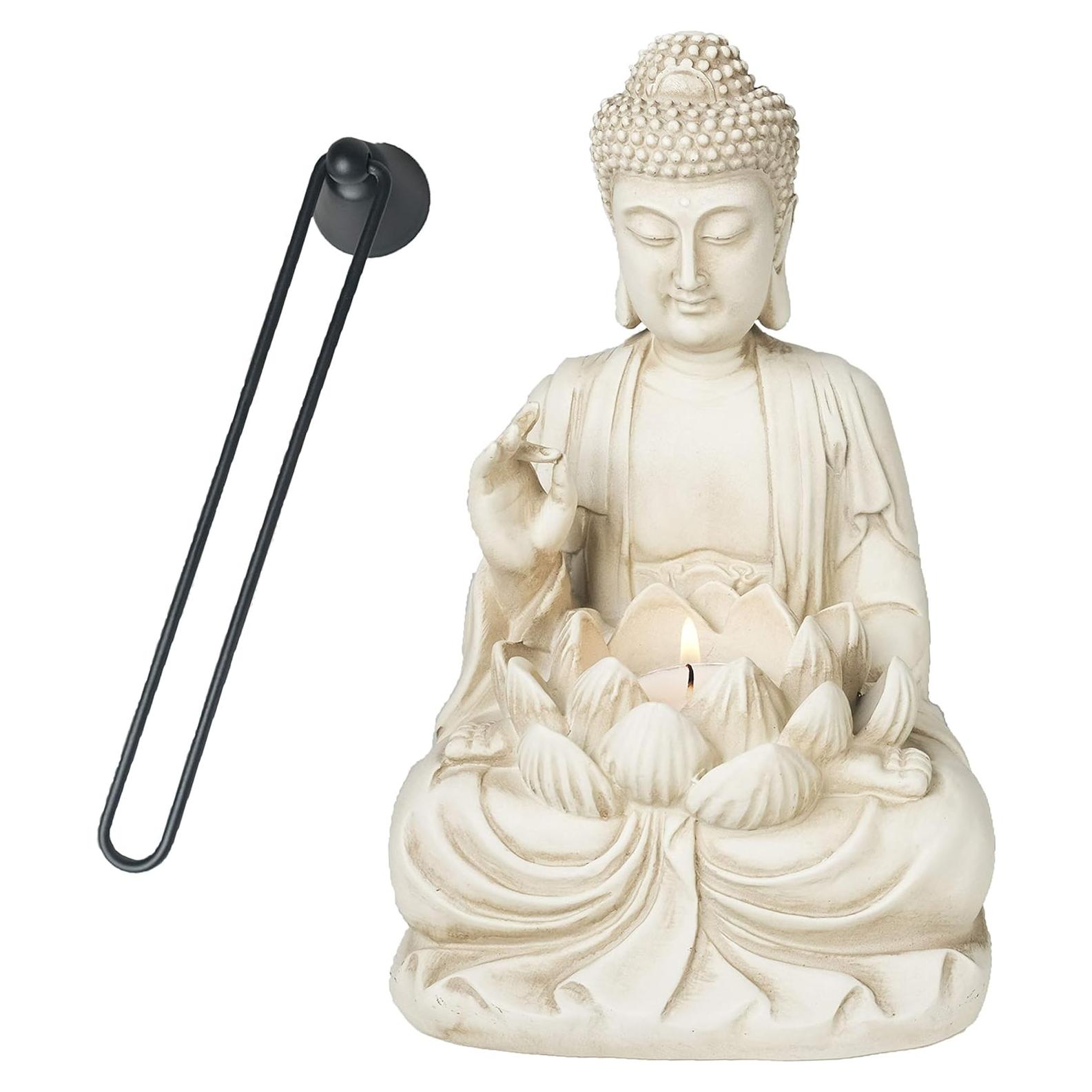 Portavelas de Buda Beige 24.1 cm Poliresina con 3 Velas