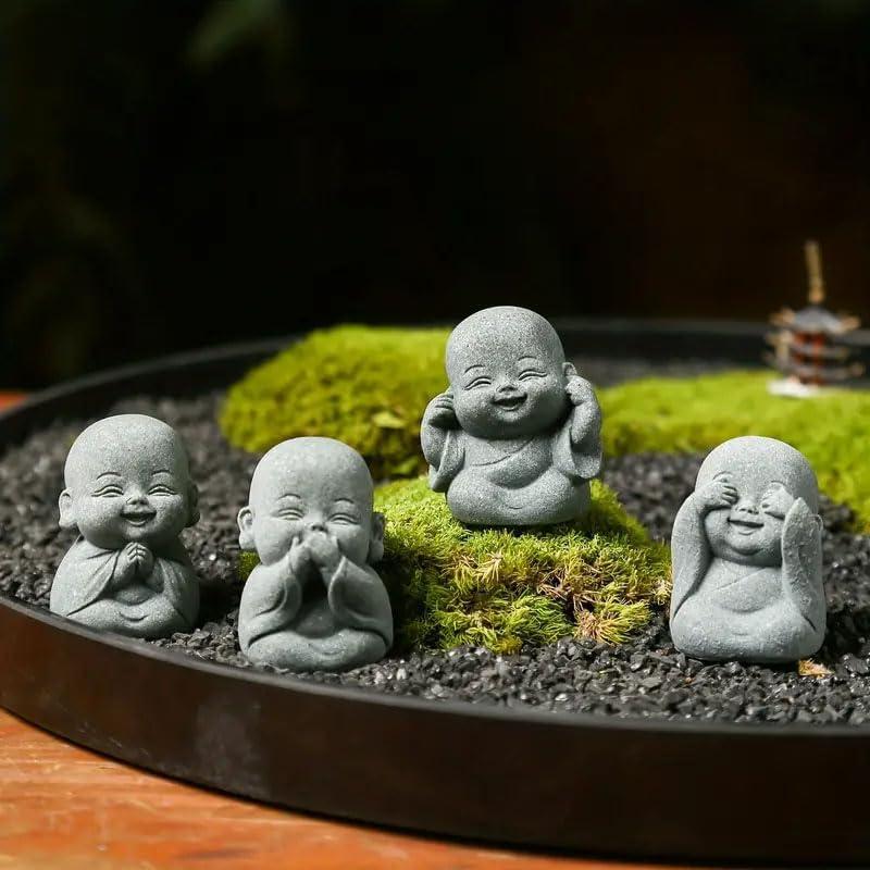 4 Piezas Mini Buda Riendo Resina Adornos Jardín Meditación