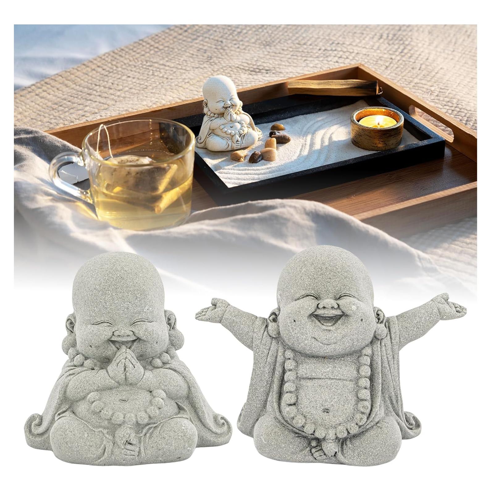 Estatuas de Buda Riendo de Arenisca - 2 Piezas 10.3x8x5.5cm