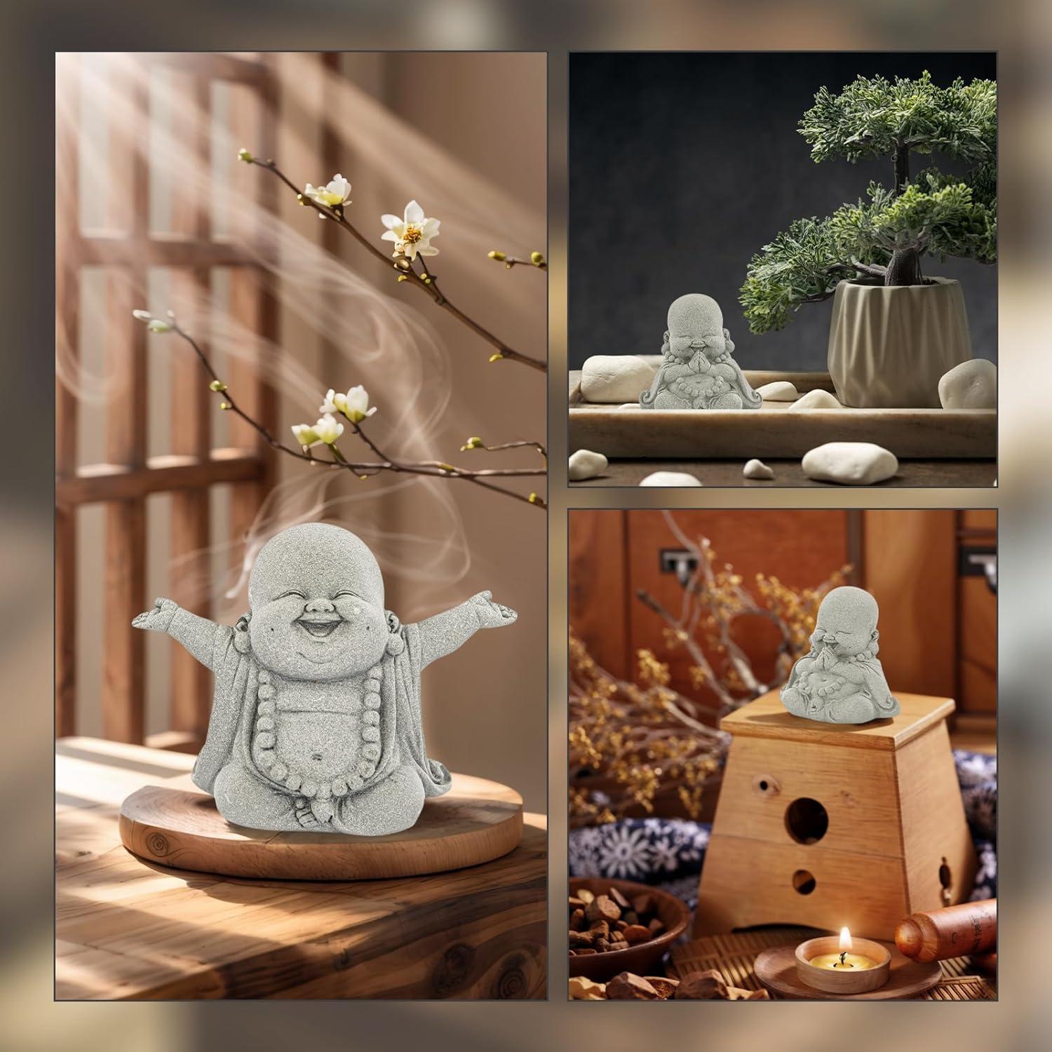 Estatuas de Buda Riendo de Arenisca - 2 Piezas 10.3x8x5.5cm