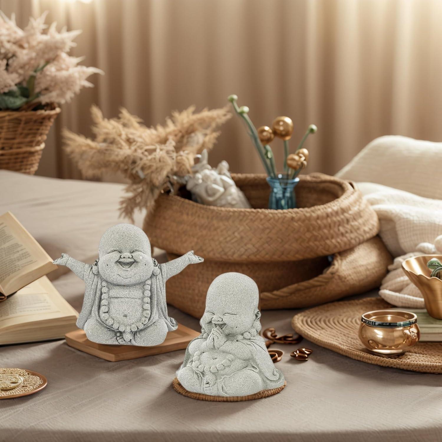 Estatuas de Buda Riendo de Arenisca - 2 Piezas 10.3x8x5.5cm