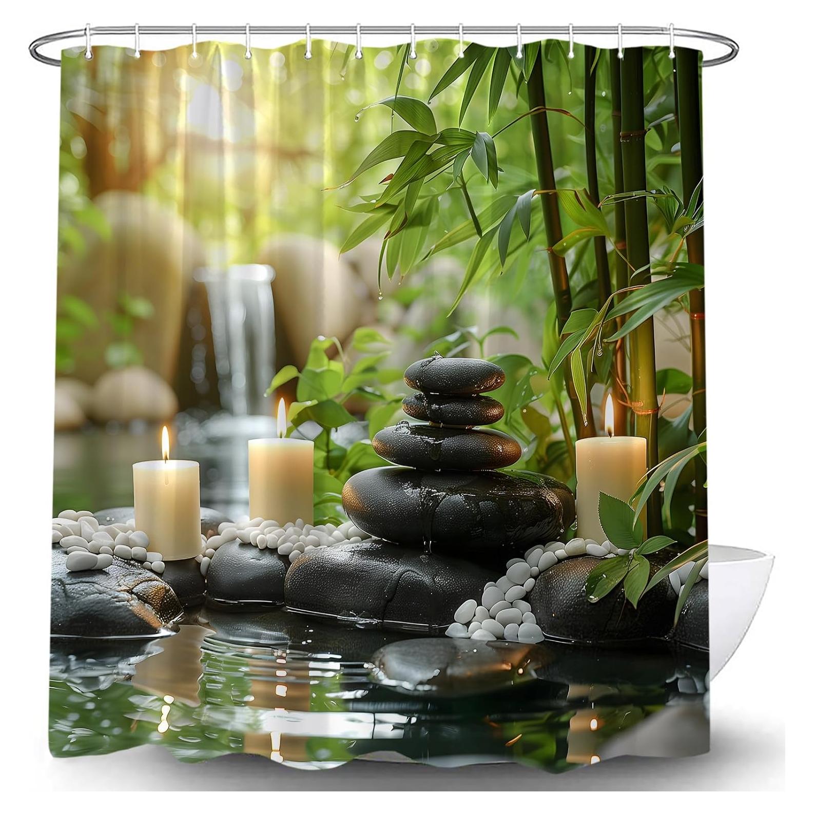 Zen Garden Bamboo Shower Curtain Green Bamboo Floral Spa Black Stone Water Candles Japanese Asian Water Reflection Relaxing Meditation Nature Fabric Bath Curtain with Hook