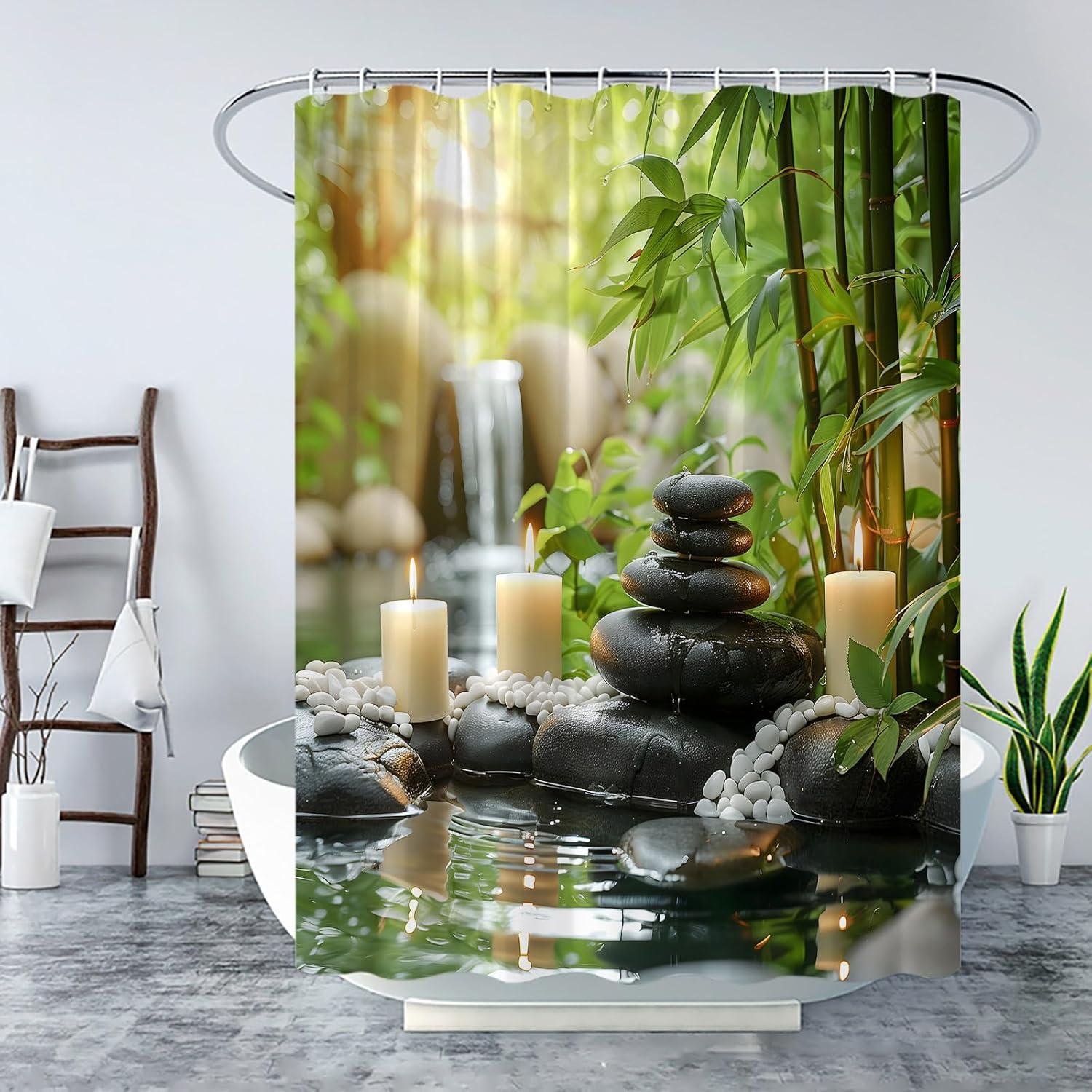 Zen Garden Bamboo Shower Curtain Green Bamboo Floral Spa Black Stone Water Candles Japanese Asian Water Reflection Relaxing Meditation Nature Fabric Bath Curtain with Hook